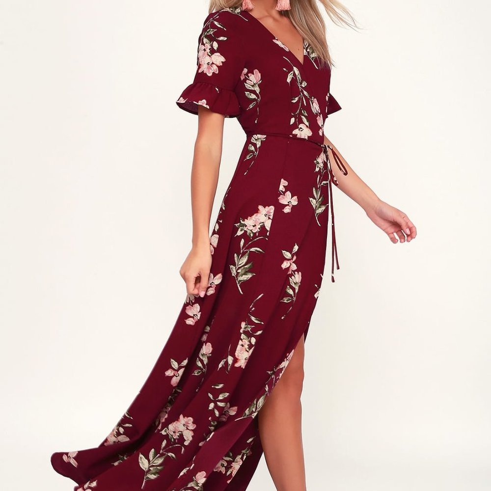 Lulu's September Sunsets Burgundy Floral Print Wrap Maxi Dress, Small